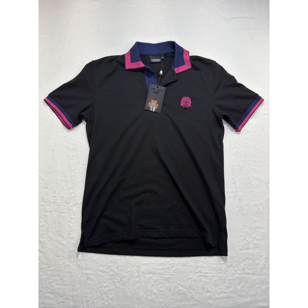 MAC&COO Polo Shirt Mens 3 M Black Lion Logo Contrast Collar Short Sleeve